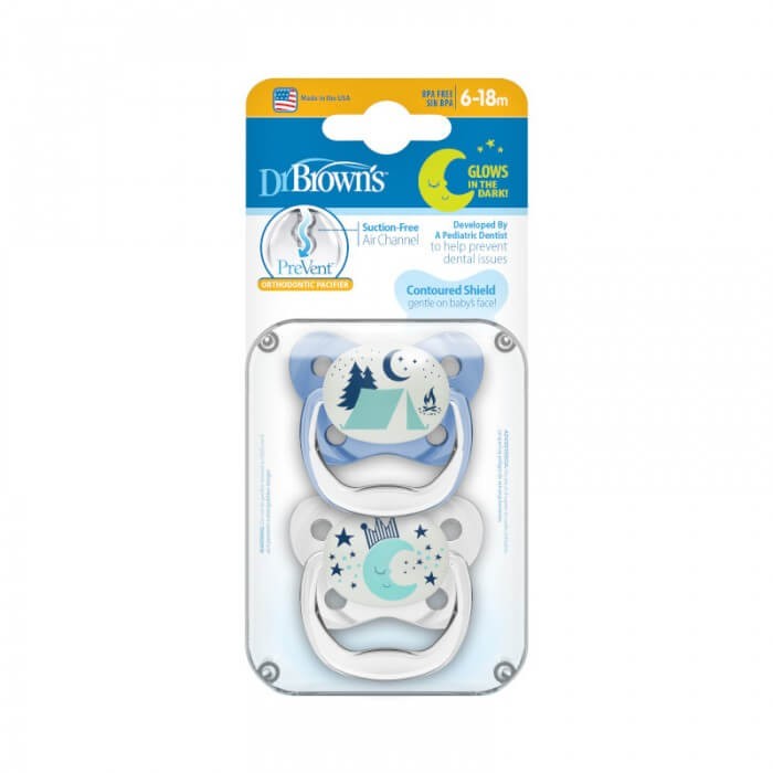 Smoczki ortodontyczne Prevent 2-pack, świecący w ciemności niebieski / Dr Brown's