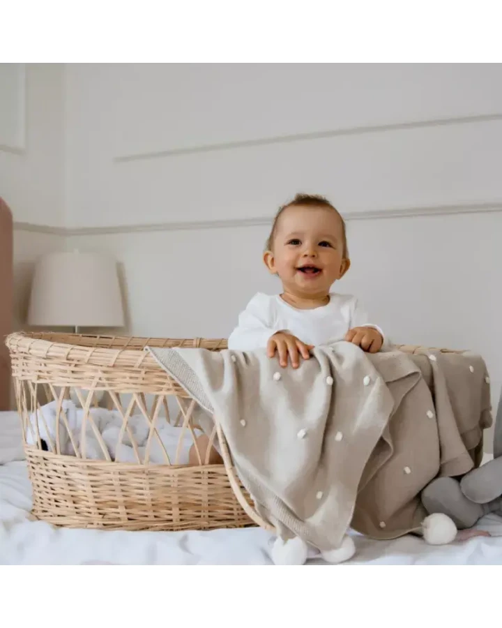 Kocyk popcorn - beżowy z kremowymi pomponami / Effiki