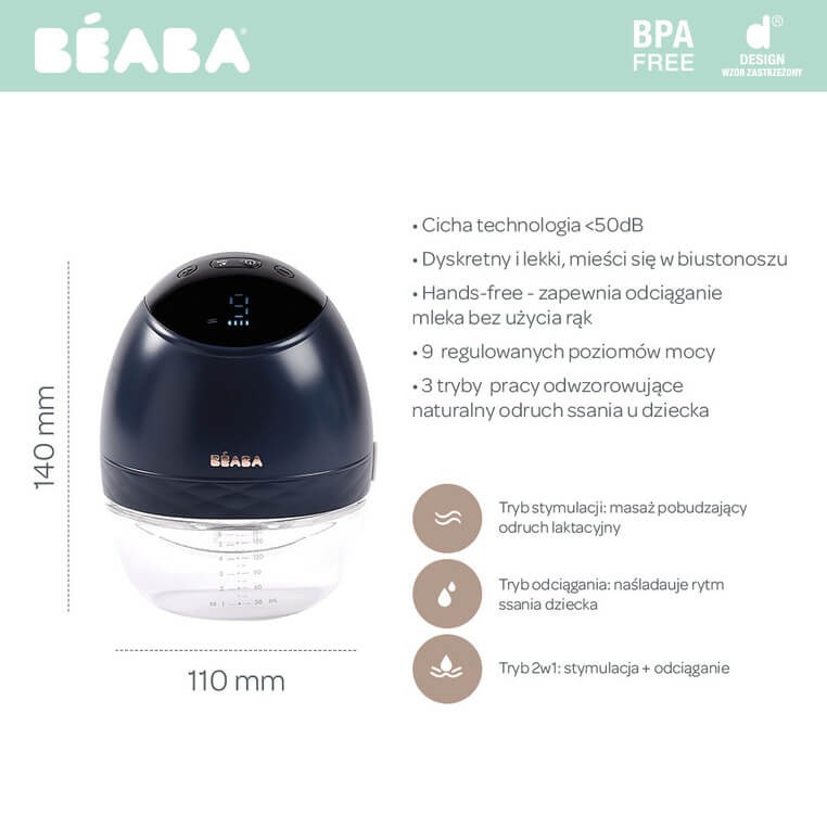 Laktator elektryczny bezprzewodowy muszlowy Hands-Free 180 ml Night Blue / Beaba