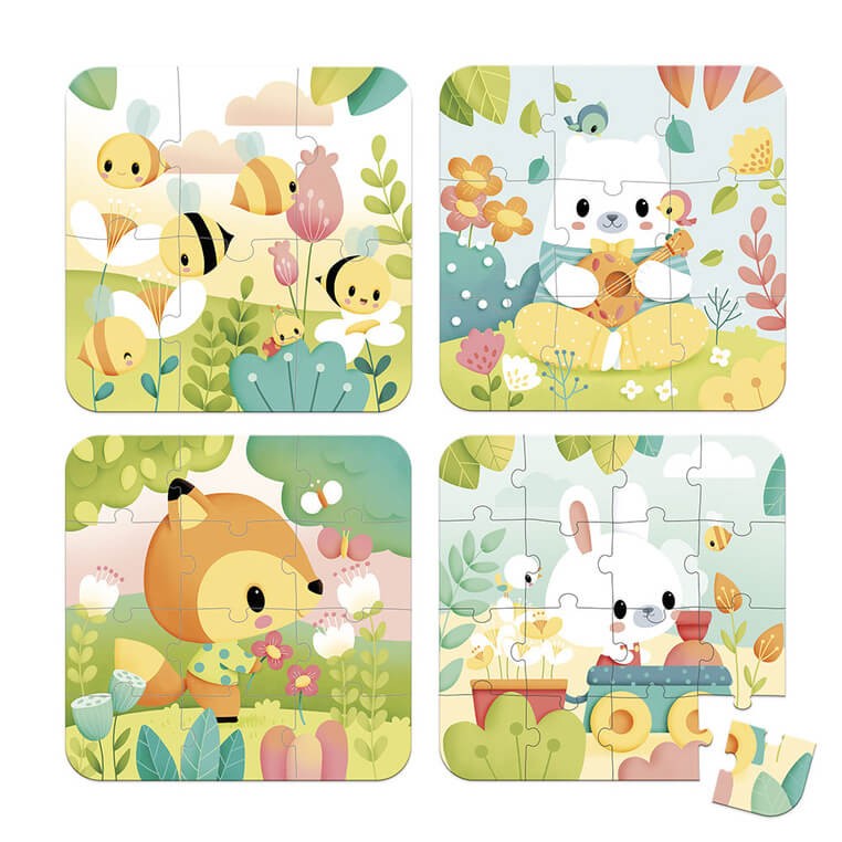 Puzzle progresywne w walizce Zwierzątka Pure 4 układanki – 6, 9, 12 i 16 elementów 2+ / Janod