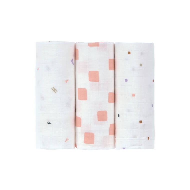 Muślinowy otulacz kocyk z bawełny organicznej 60x60cm zestaw 3 szt. Happy Fruits peach / Lassig