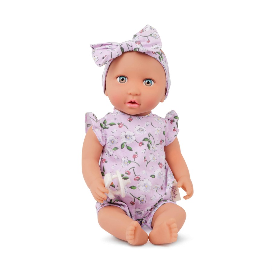 Lalka niemowlę ze smoczkiem, w ubranku w kwiatuszki i opasce, fioletowa / LullaBaby