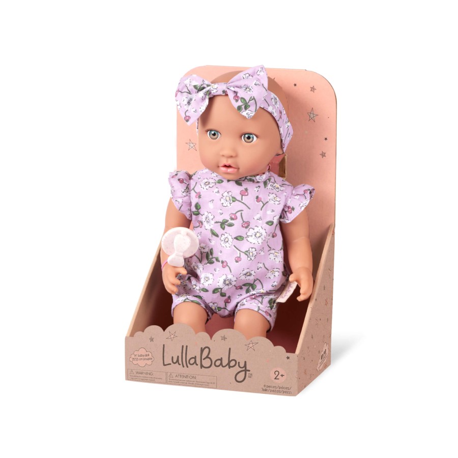 Lalka niemowlę ze smoczkiem, w ubranku w kwiatuszki i opasce, fioletowa / LullaBaby