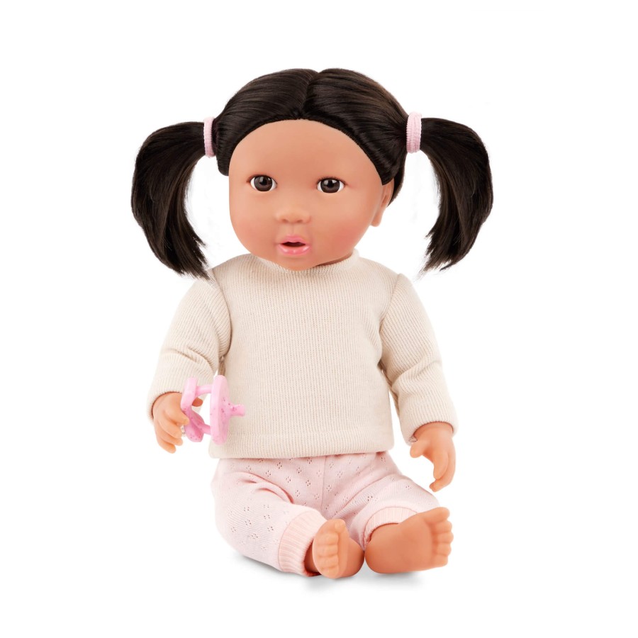 Lalka niemowlę z włosami i smoczkiem, w dwuczęściowym ubranku - brunetka / LullaBaby