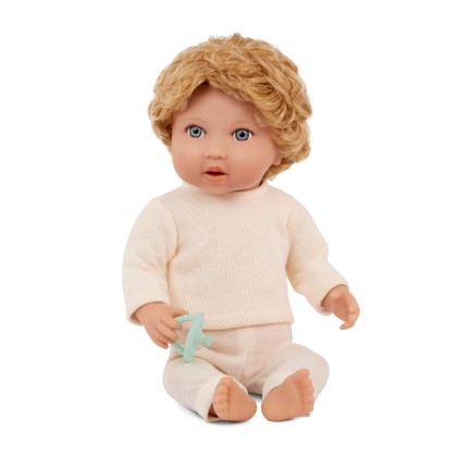 Lalka niemowlę chłopiec z włosami i smoczkiem, w dwuczęściowym ubranku - blondyn / LullaBaby