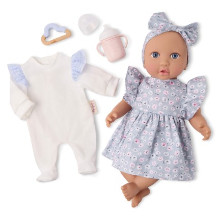 Lalka niemowlę w sukience i opasce, z dodatkowymi śpioszkami i kubkiem niekapkiem / LullaBaby