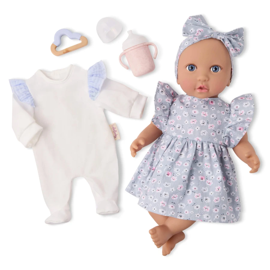 Lalka niemowlę ze smoczkiem, w sukience i opasce, z dodatkowymi śpioszkami i kubkiem niekapkiem / LullaBaby