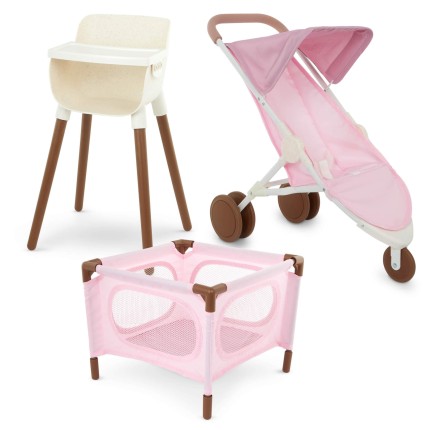 Combo dla lalki niemowlaka – krzesełko do karmienia, kojec i spacerówka, wersja różowa / LullaBaby