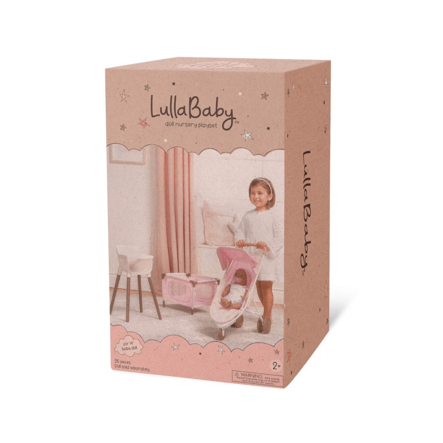 Combo dla lalki niemowlaka – krzesełko do karmienia, kojec i spacerówka, wersja różowa / LullaBaby