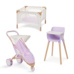 Combo dla lalki niemowlaka – krzesełko do karmienia, kojec i spacerówka, wersja fioletowa / LullaBaby