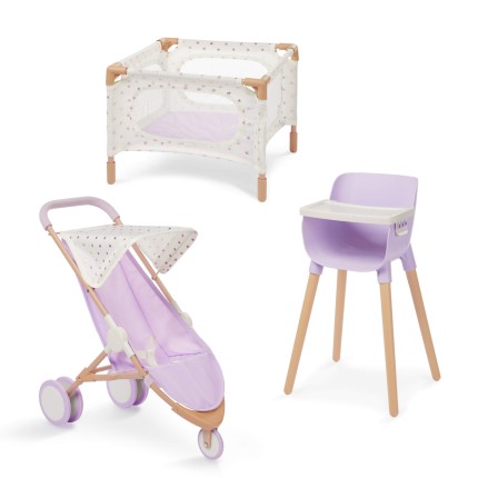 Combo dla lalki niemowlaka – krzesełko do karmienia, kojec i spacerówka, wersja fioletowa / LullaBaby
