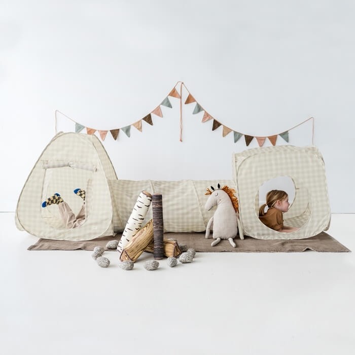 Zestaw namiotów dla dzieci z tunelem 3w1 Gingham Beige / 3 Sprouts