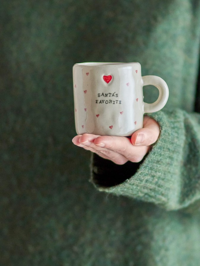 Dziecięcy kubek z kamionki Christy - Nature, red heart / Bloomingville Mini