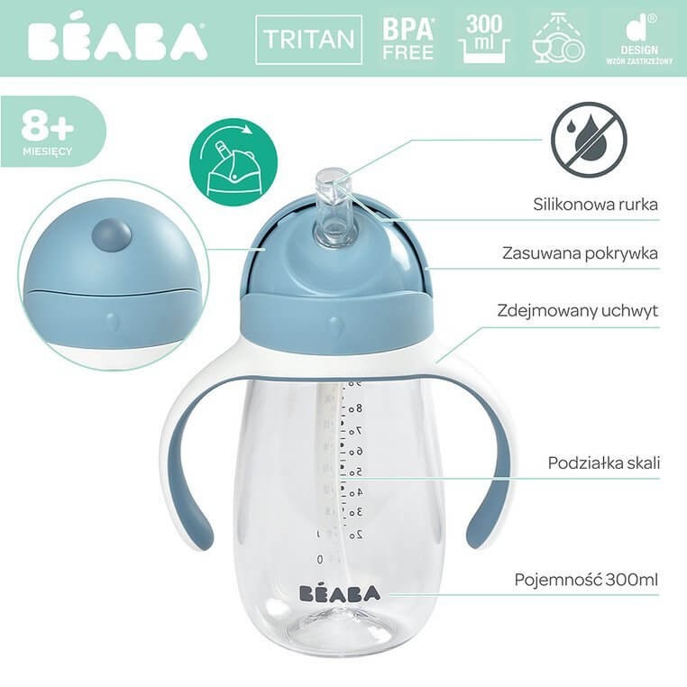Bidon tritanowy ze słomką, 300 ml - windy blue / Beaba