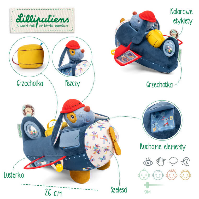 Przytulanka aktywizująca wielofunkcyjna Samolot Piesek Jules 9 m+ / Lilliputiens