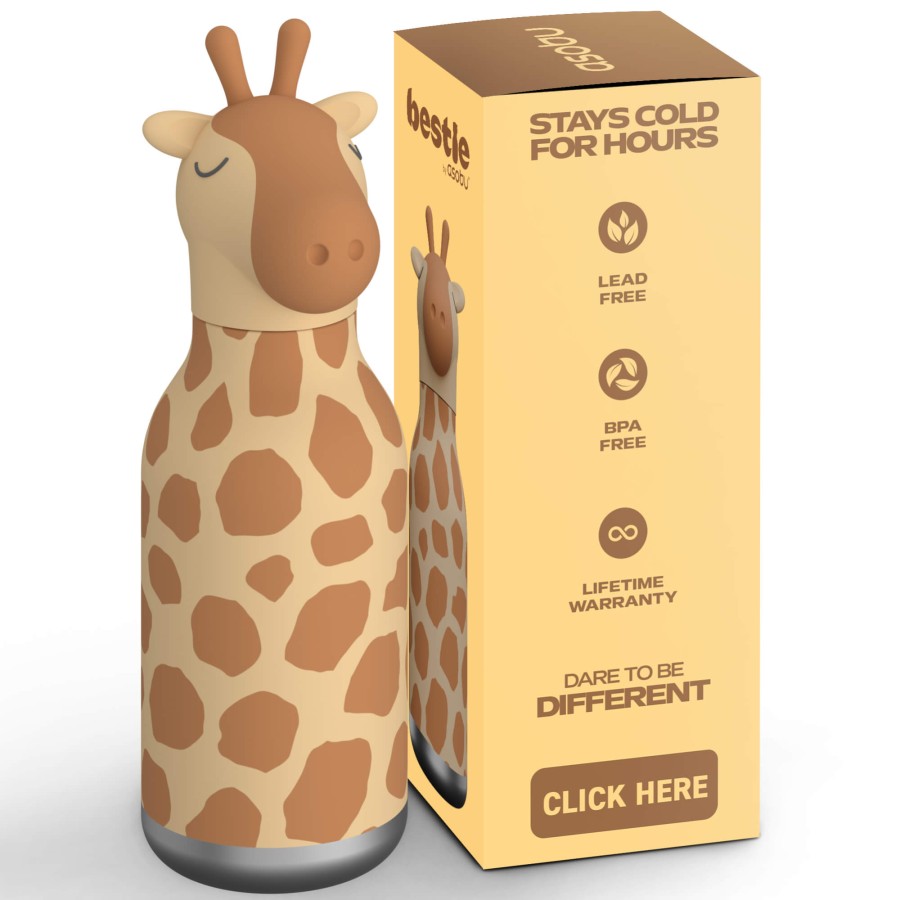 Butelka termiczna ze słomką Bestie, 460 ml - Żyrafa / Asobu