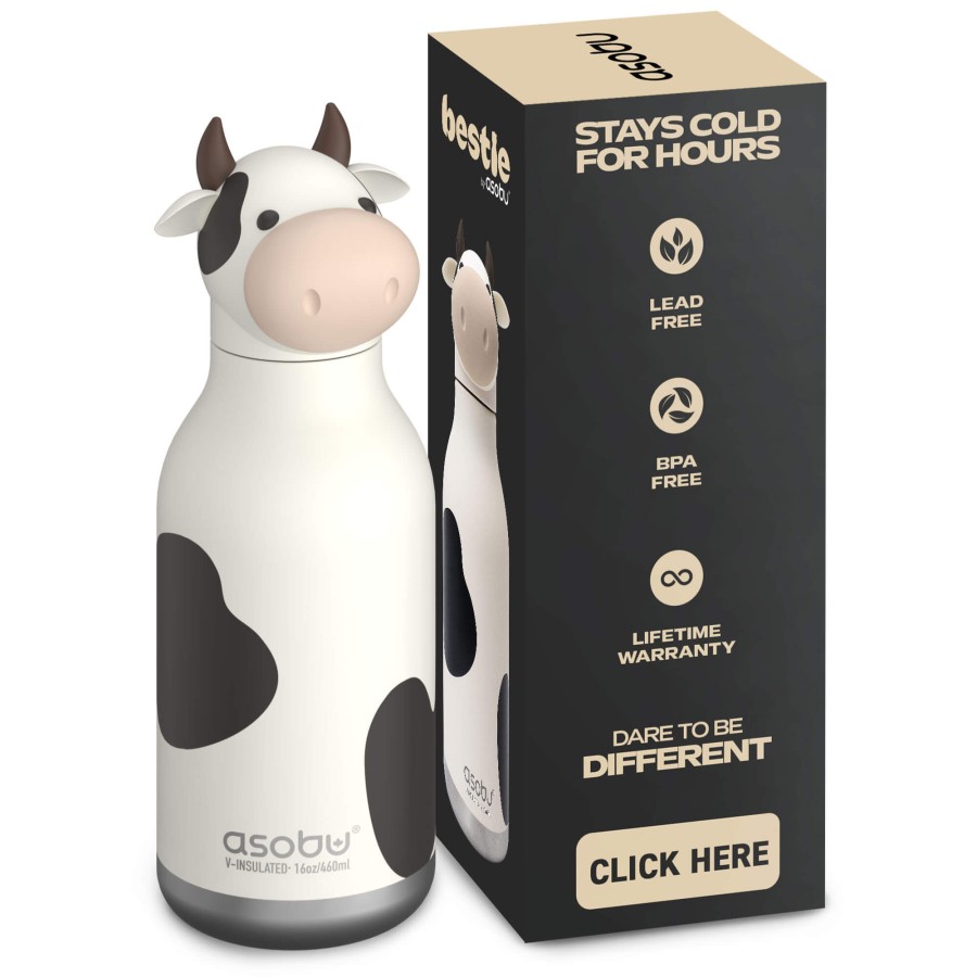 Butelka termiczna ze słomką Bestie, 460 ml - Krowa / Asobu