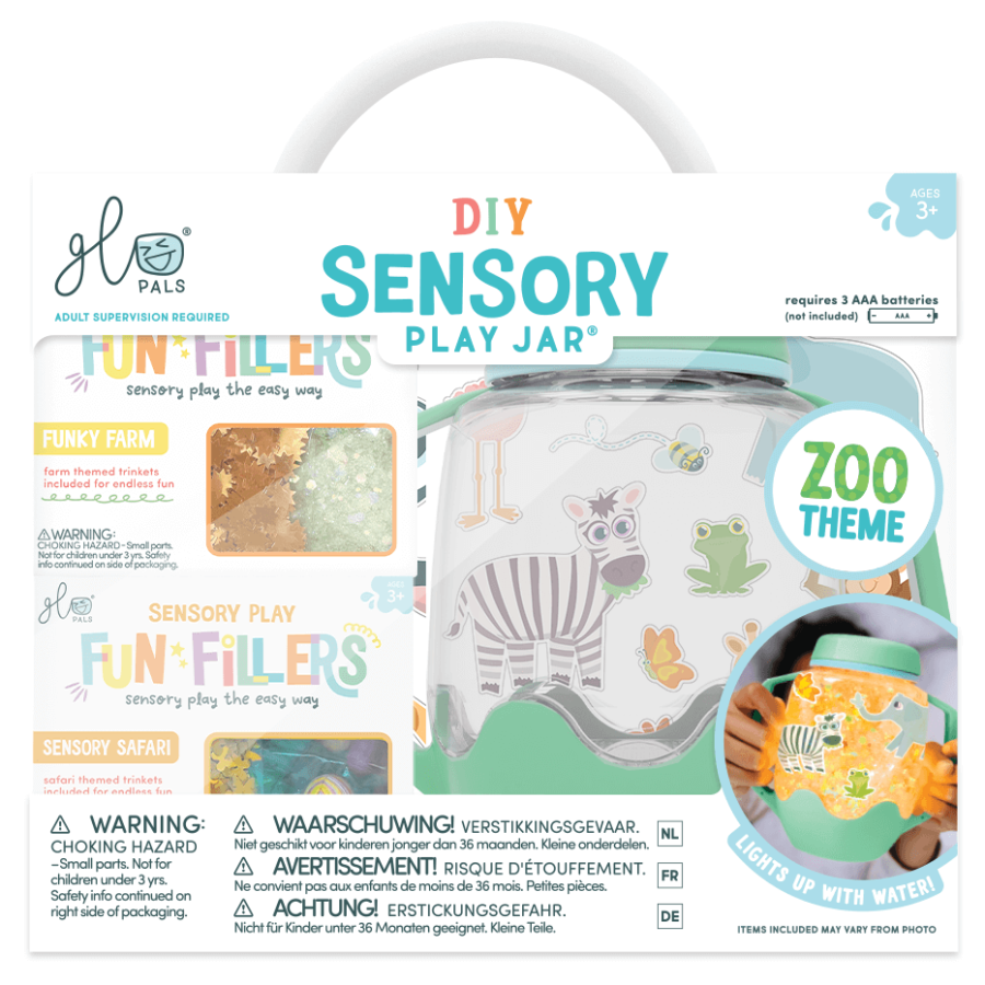 Zestaw sensoryczny DIY, świecący słoik z brokatami i figurkami Fun Fillers + naklejki gratis - ZOO / Glo Pals