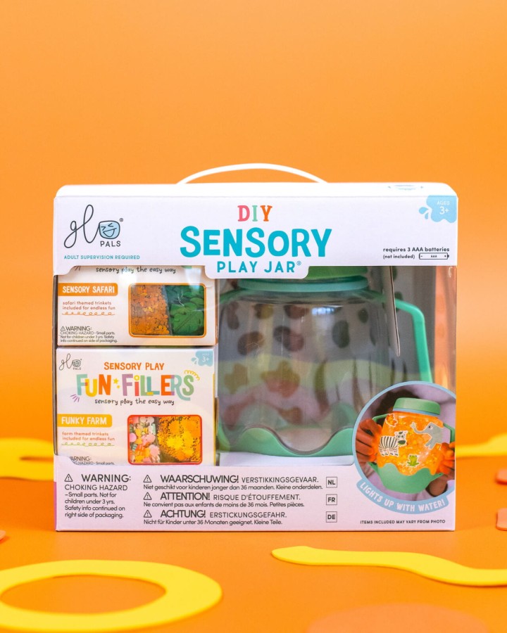 Zestaw sensoryczny DIY, świecący słoik z brokatami i figurkami Fun Fillers + naklejki gratis - ZOO / Glo Pals