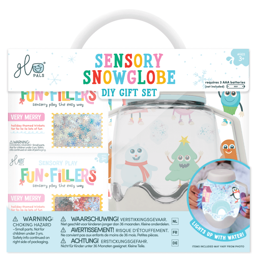 Zestaw sensoryczny DIY, świecący słoik z brokatami i figurkami Fun Fillers + naklejki gratis - ŚNIEŻNY / Glo Pals