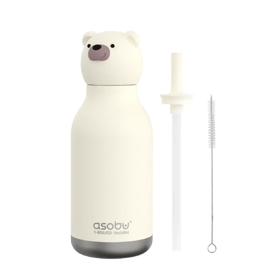 Butelka termiczna ze słomką Bestie, 460 ml - Niedźwiedź polarny / Asobu