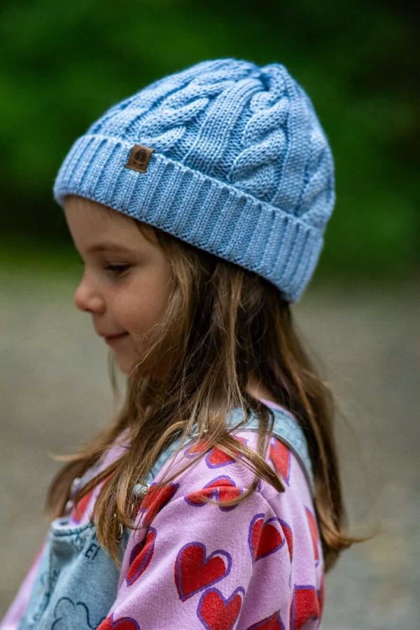 Czapka warkocz 100% wełny merino Owieczka - błękitny / Kopyto