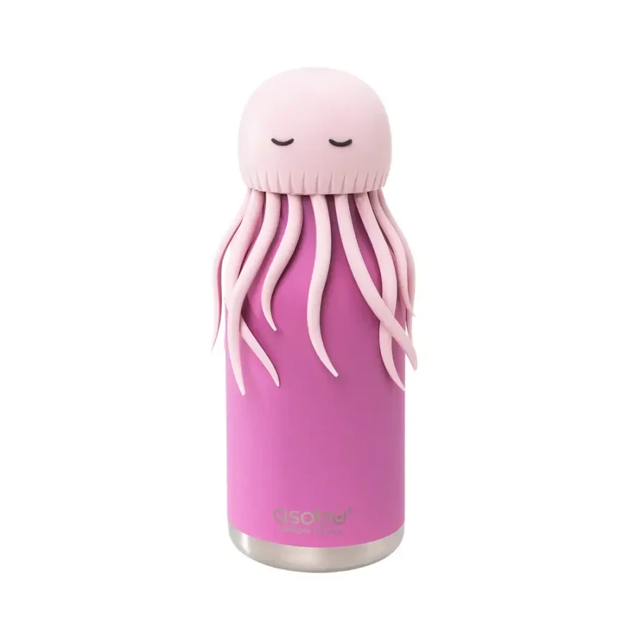Butelka termiczna ze słomką Bestie, 460 ml - Meduza różowa / Asobu