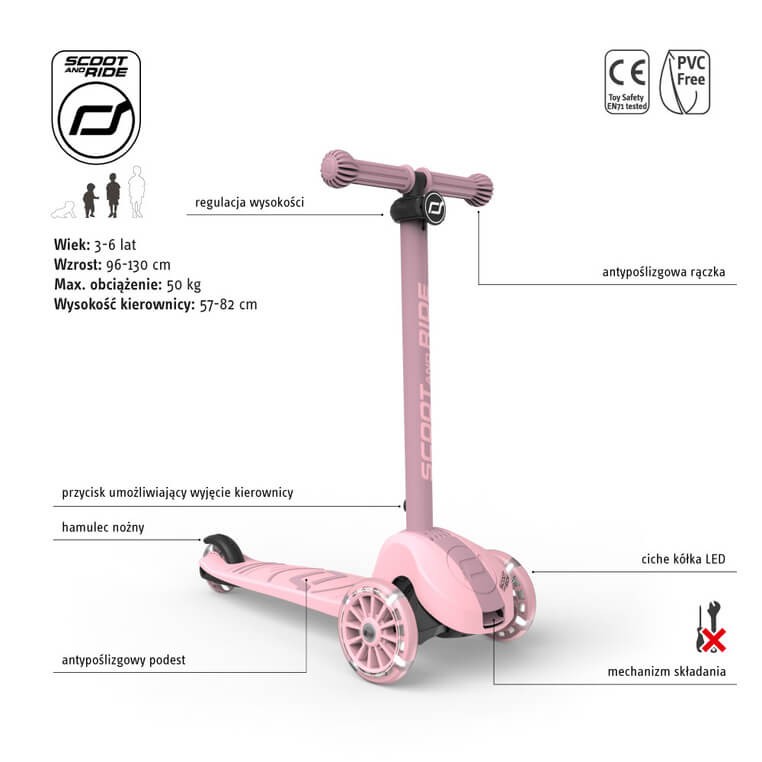 Highwaykick 3S Hulajnoga z systemem sterowania 2w1 i kółkami LED składana 3+ Rose / Scootandride