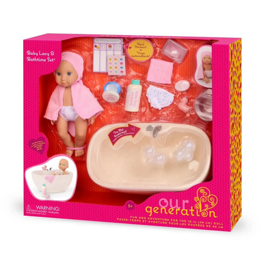 Lalka niemowlę z wanną, nocnikiem i akcesoriami do pielęgnacji - Baby Lacy & Bathtime Set / OurGeneration