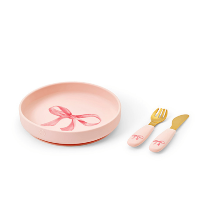 Zestaw silikonowy - talerzyk i sztućce - rosy bow / Elodie Details