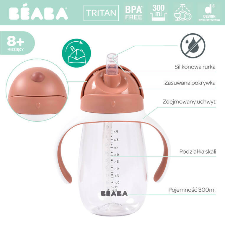Bidon tritanowy ze słomką, 300 ml - terracotta / Beaba