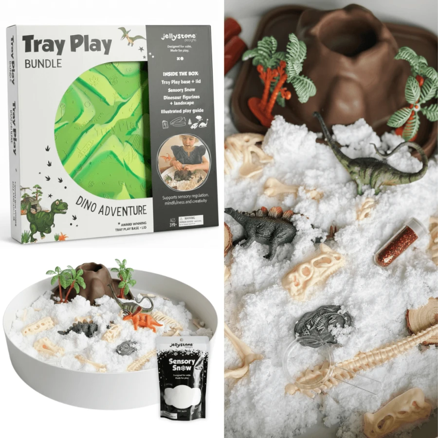 Zestaw sensoryczny Świat dinozaurów, tacka + figurki + śnieg sensoryczny / Jellystone