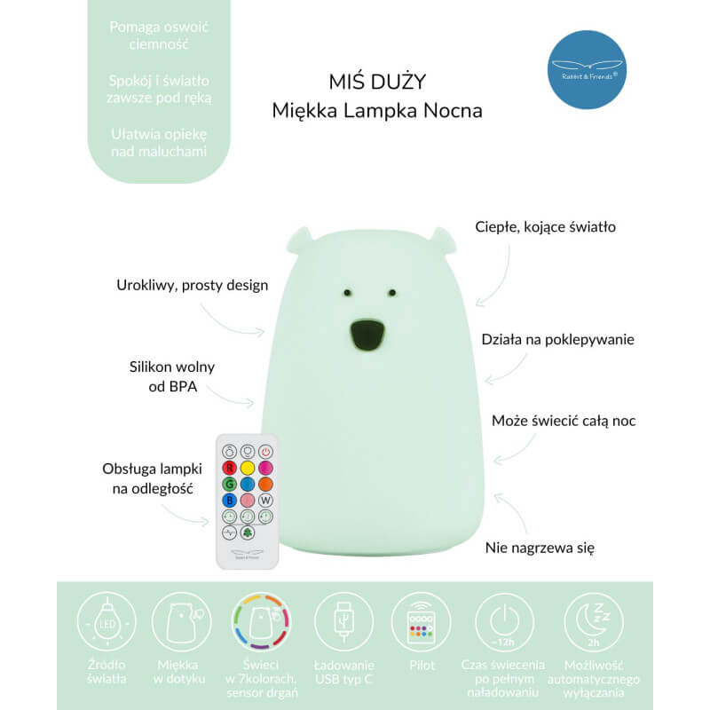 Duża lampka led z PILOTEM MIŚ JASNA MIĘTA bezpieczna dla Twojego dziecka / Rabbit&friends