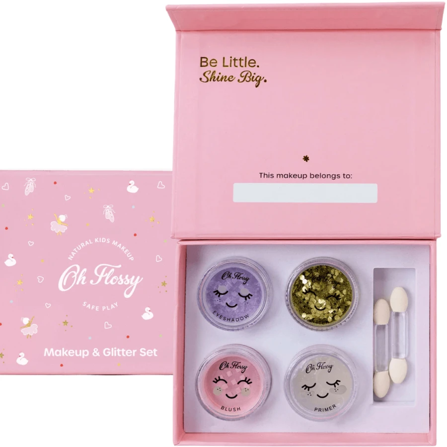 Naturalny zestaw do makijażu Ballet Sparkle, cień do powiek, róż, brokat bio i akcesoria / Oh Flossy