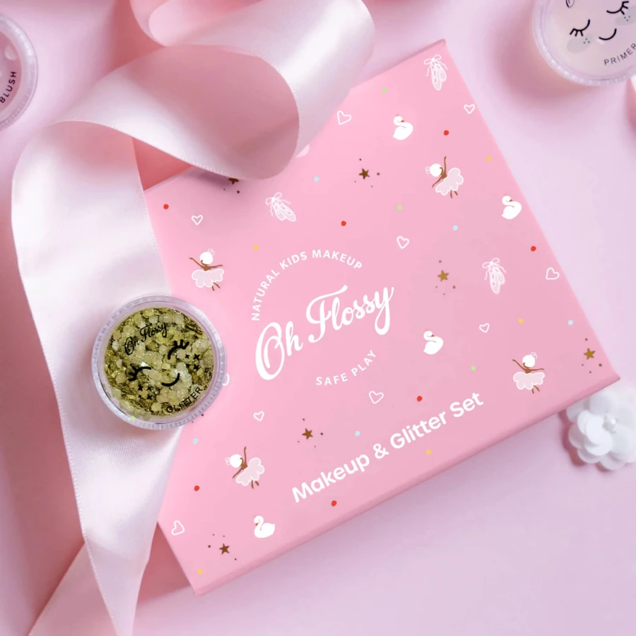 Naturalny zestaw do makijażu Ballet Sparkle, cień do powiek, róż, brokat bio i akcesoria / Oh Flossy