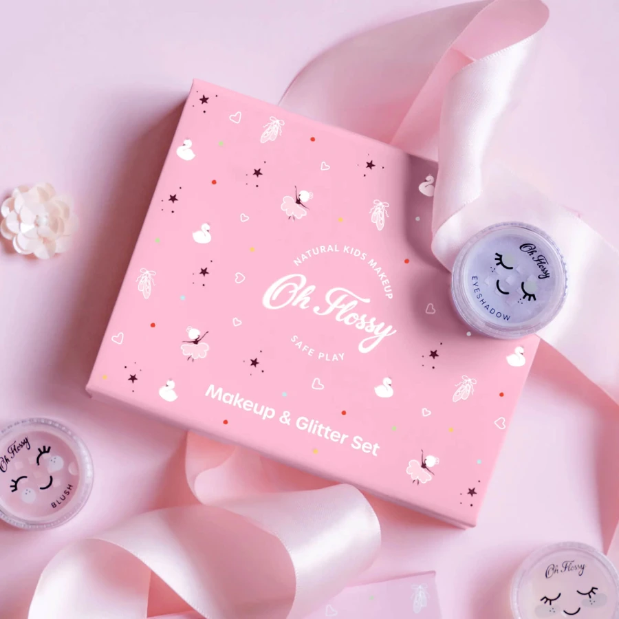Naturalny zestaw do makijażu Ballet Sparkle, cień do powiek, róż, brokat bio i akcesoria / Oh Flossy