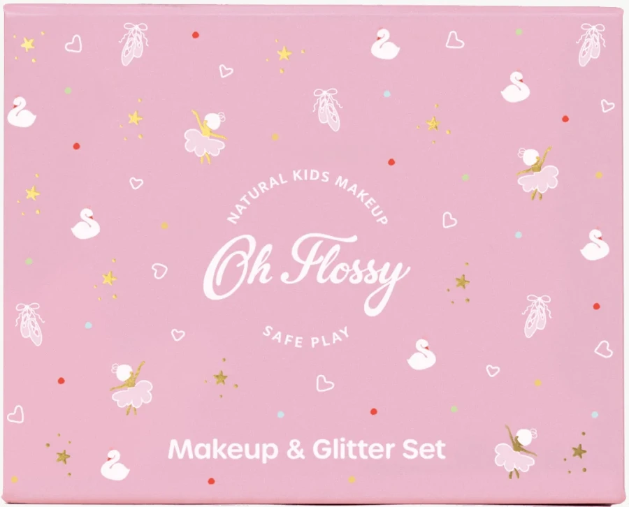 Naturalny zestaw do makijażu Ballet Sparkle, cień do powiek, róż, brokat bio i akcesoria / Oh Flossy