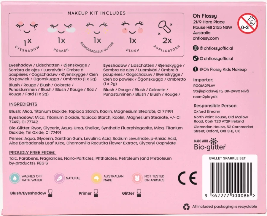 Naturalny zestaw do makijażu Ballet Sparkle, cień do powiek, róż, brokat bio i akcesoria / Oh Flossy