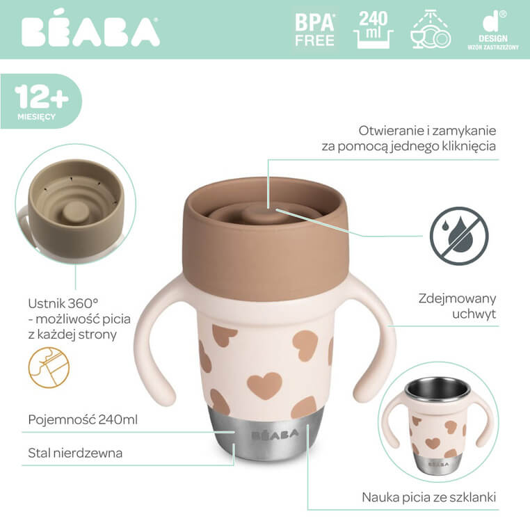 Kubek treningowy ze stali nierdzewnej 360° BigLove / Beaba