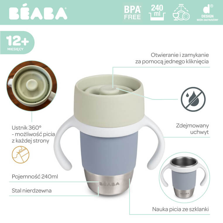Kubek treningowy ze stali nierdzewnej 360° Pebble / Beaba