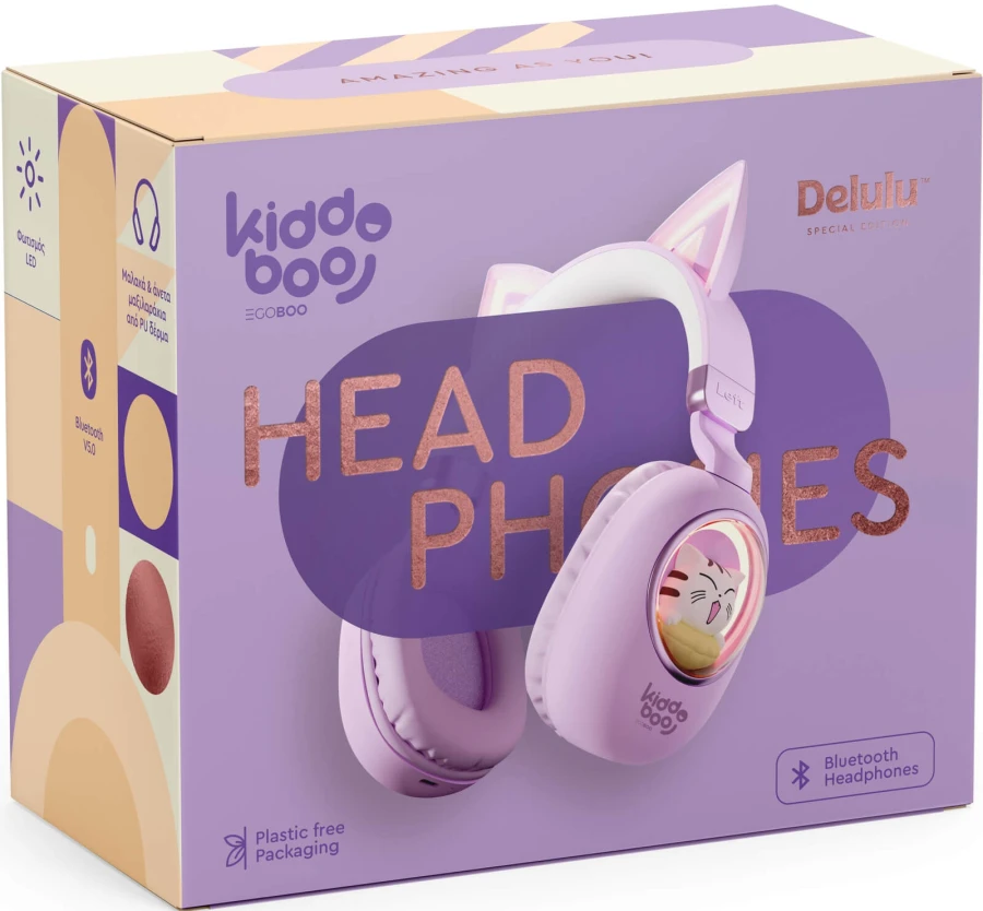 Bezprzewodowe słuchawki Delulu z podświetleniem LED - fioletowe kocie uszy / Kiddoboo