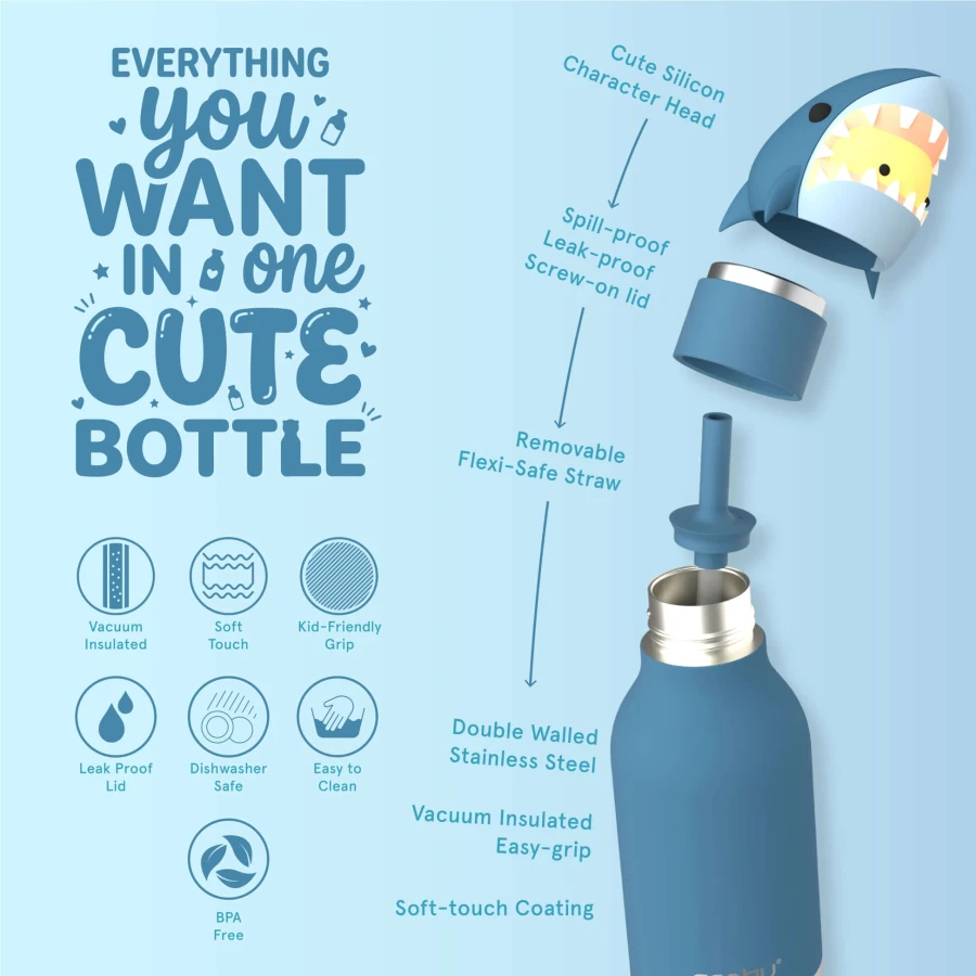 Butelka termiczna ze słomką Bestie, 460 ml - Rekin / Asobu