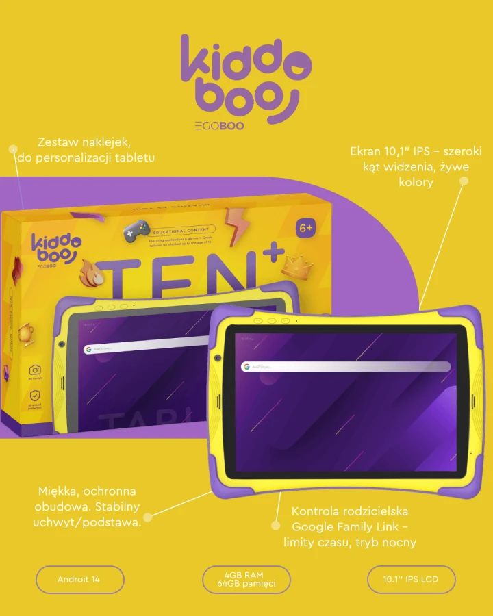 Ten Gen2 Tablet dla dzieci 10.1" Android 14 kontrola rodzicielska / Kiddobbo