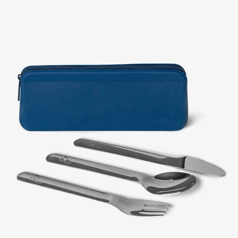Sztućce ze stali nierdzewnej z etui na zamek - Blue / Citron
