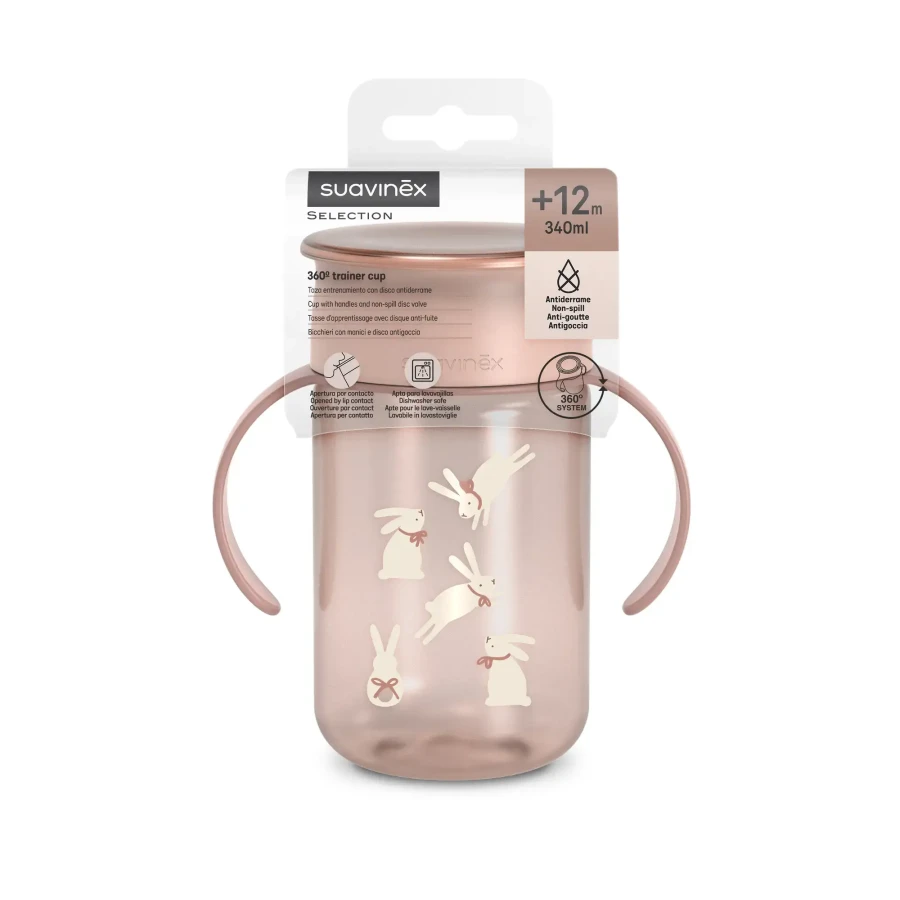 Kubek niekapek 360°, 340 ml - króliczek różowy / Suavinex