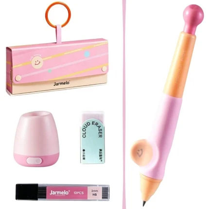 Ołówek Automatyczny WOW Grip 2mm Różowy - ergonomiczny uchwyt, temperówka, wkłady grafitowe 12 szt. HB, gumka, etui / Jarmelo