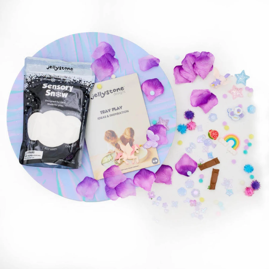 Zestaw sensoryczny Świat jednorożców, tacka + figurki + śnieg sensoryczny / Jellystone