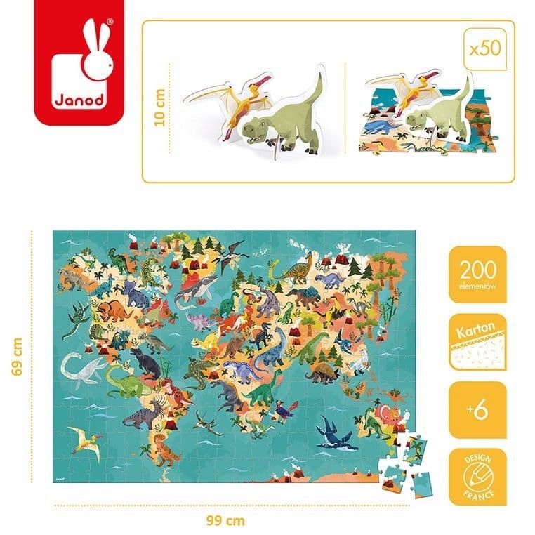 Puzzle edukacyjne z figurkami 3D Dinozaury 200 elementów 6 + / Janod