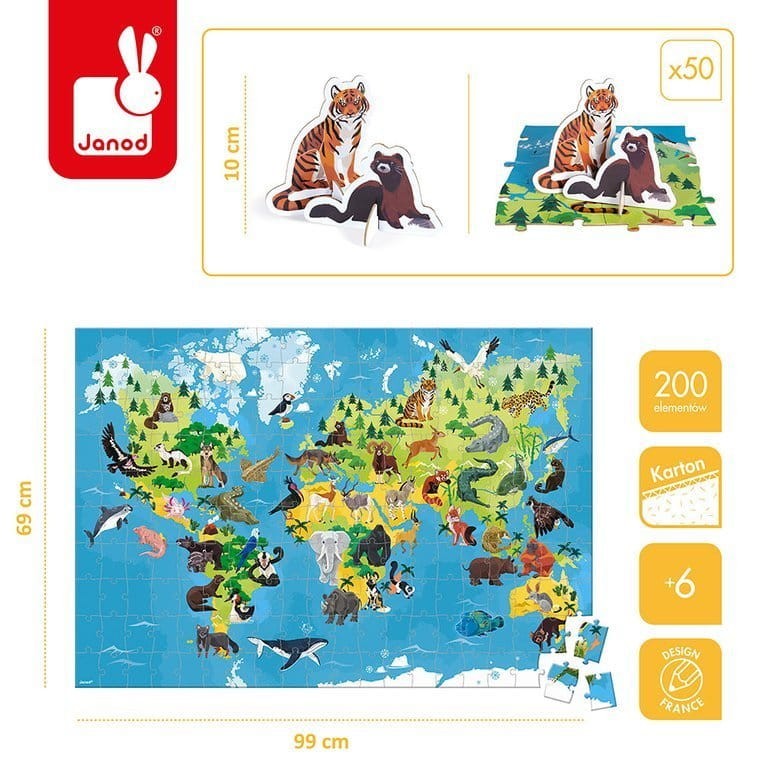 Puzzle edukacyjne z figurkami 3D Zagrożone gatunki 200 elementów 6+ / Janod