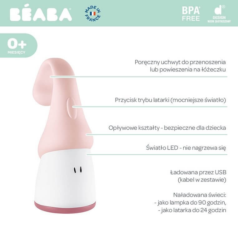 Przenośna lampka nocna LED z latarką Pixie Pink / BEABA